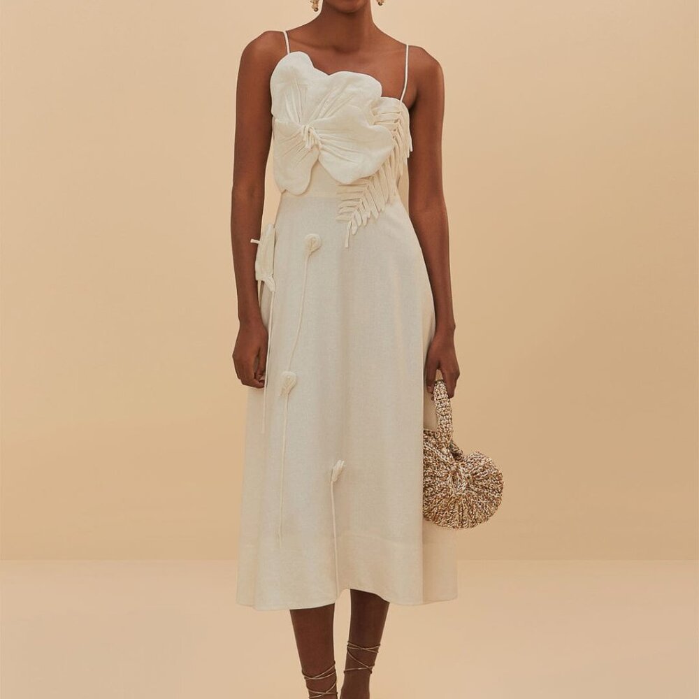 Farm Rio White Flower Midi Dress (Garden Lenzing Ecovero Euroflax) Medium